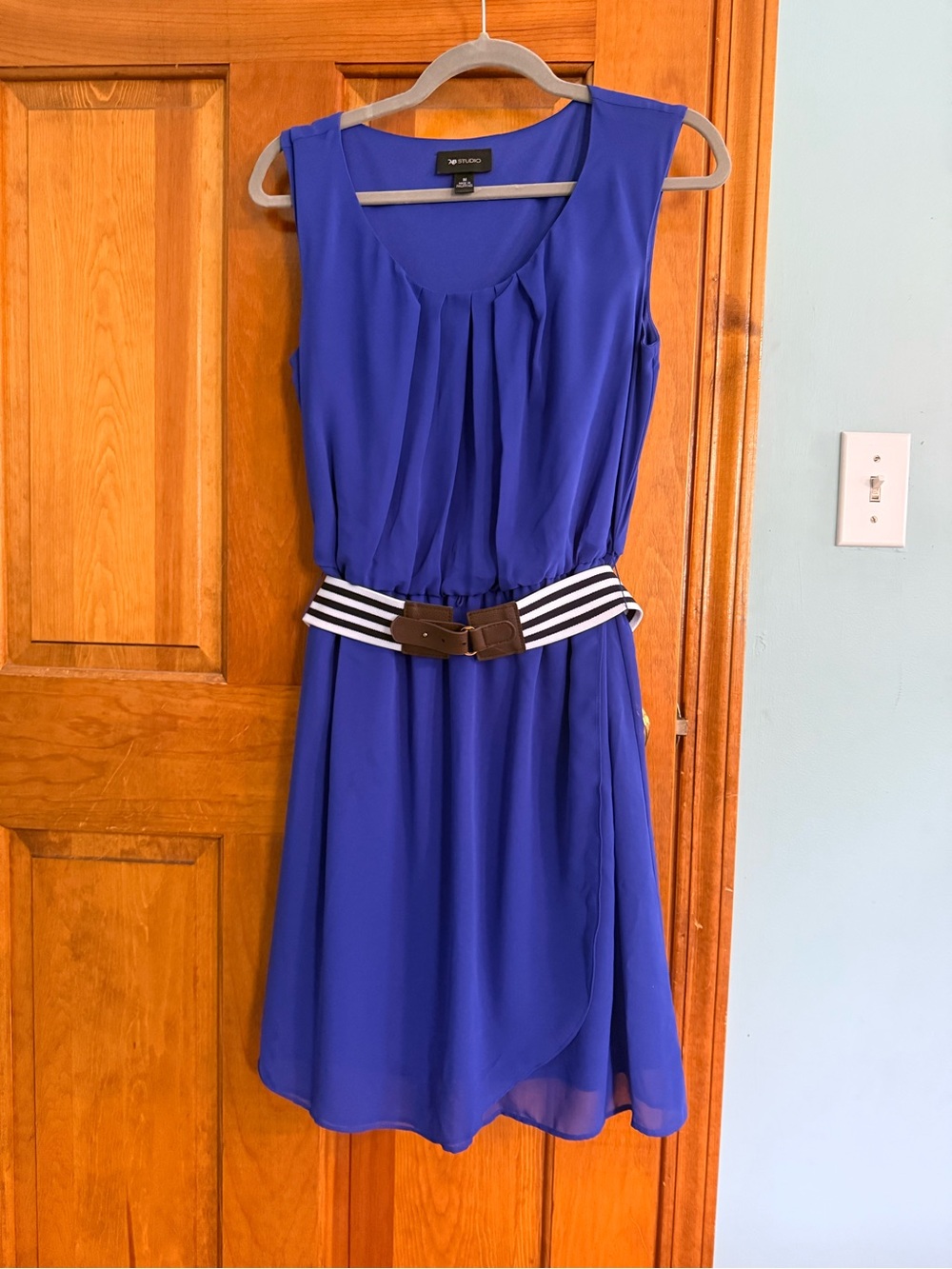 AB Studio Sleeveless Cobalt Blue Chiffon Dress with Striped‎ Belt